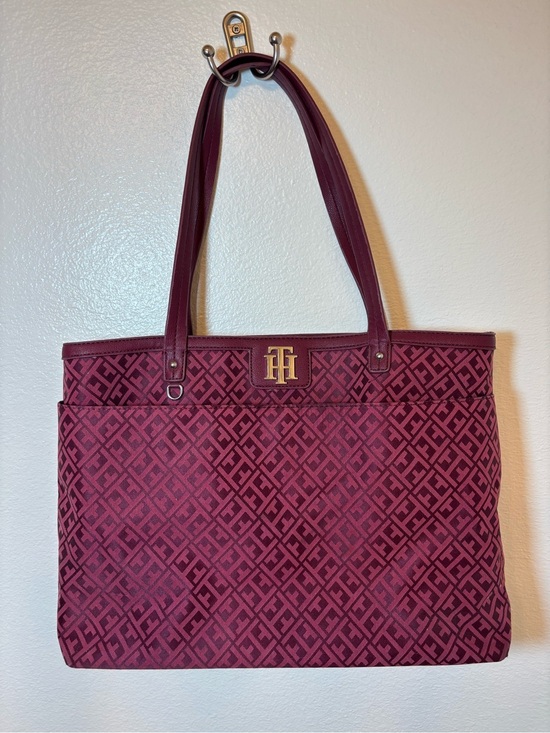 Tommy Hilfiger Handbags - Tommy Hilfiger Burgundy Logo Jacquard Fabric Tote with Gold TH Accent